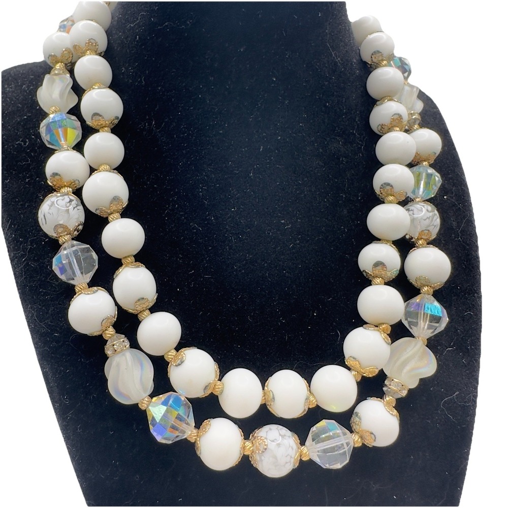 Vintage Vendome Necklace Art Glass White Milk & Clear Crystal Double Strand 16"